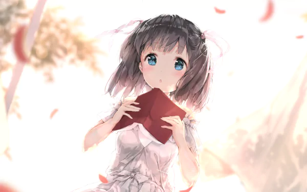 HD anime wallpaper featuring Shiori Shiomiya from The World God Only Knows, holding a red book with soft lighting and falling petals in the background.