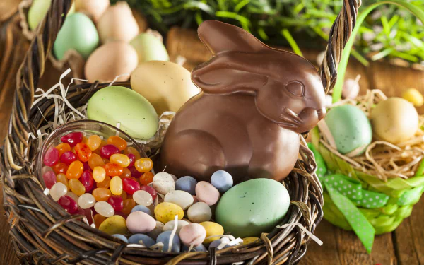 A 4K Ultra HD Easter holiday desktop wallpaper featuring a basket filled with chocolate bunny, colorful eggs, jelly beans, and candy.