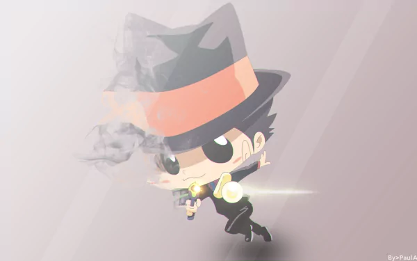 Chibi character from Anime Katekyō Hitman Reborn! with a large hat and sunglasses, shooting a gun. HD desktop wallpaper and background.