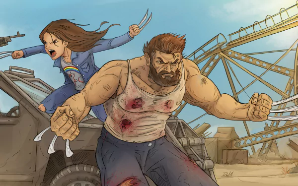 HD desktop wallpaper featuring X-23 and Wolverine from the movie Logan, depicted in an intense battle scene with industrial structures in the background.