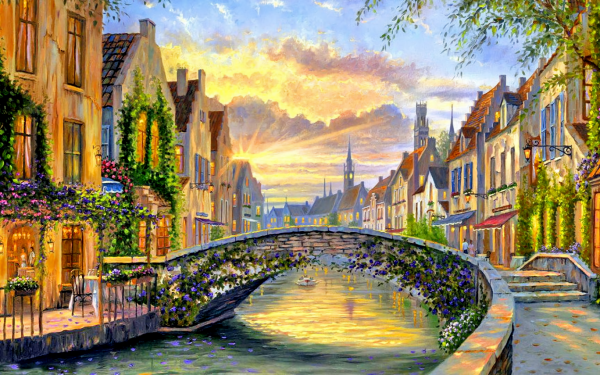 Artistic Painting Town Bridge House Spring Belgium HD Wallpaper | Background Image