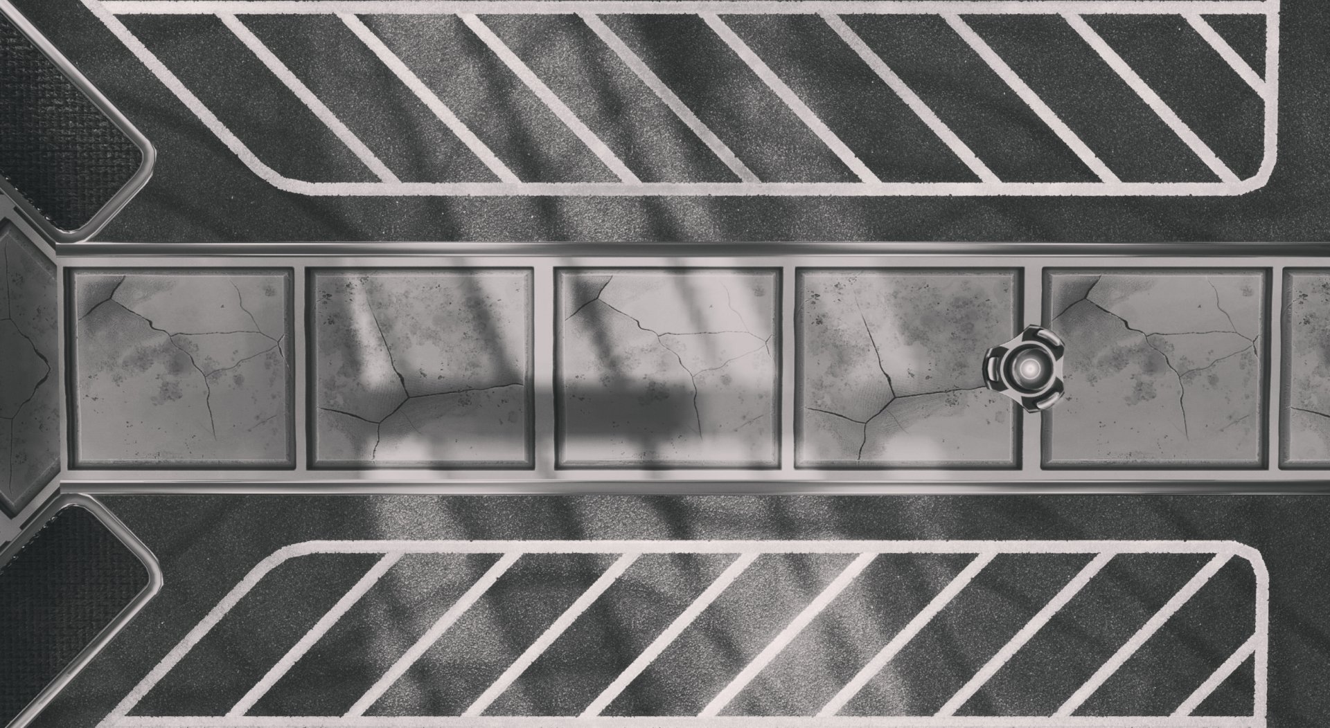 Rocket League video game 2K Quad HD PC desktop wallpaper/background — grayscale top-down arena lane with cracked panels, diagonal boundary stripes and a single ball casting shadows.