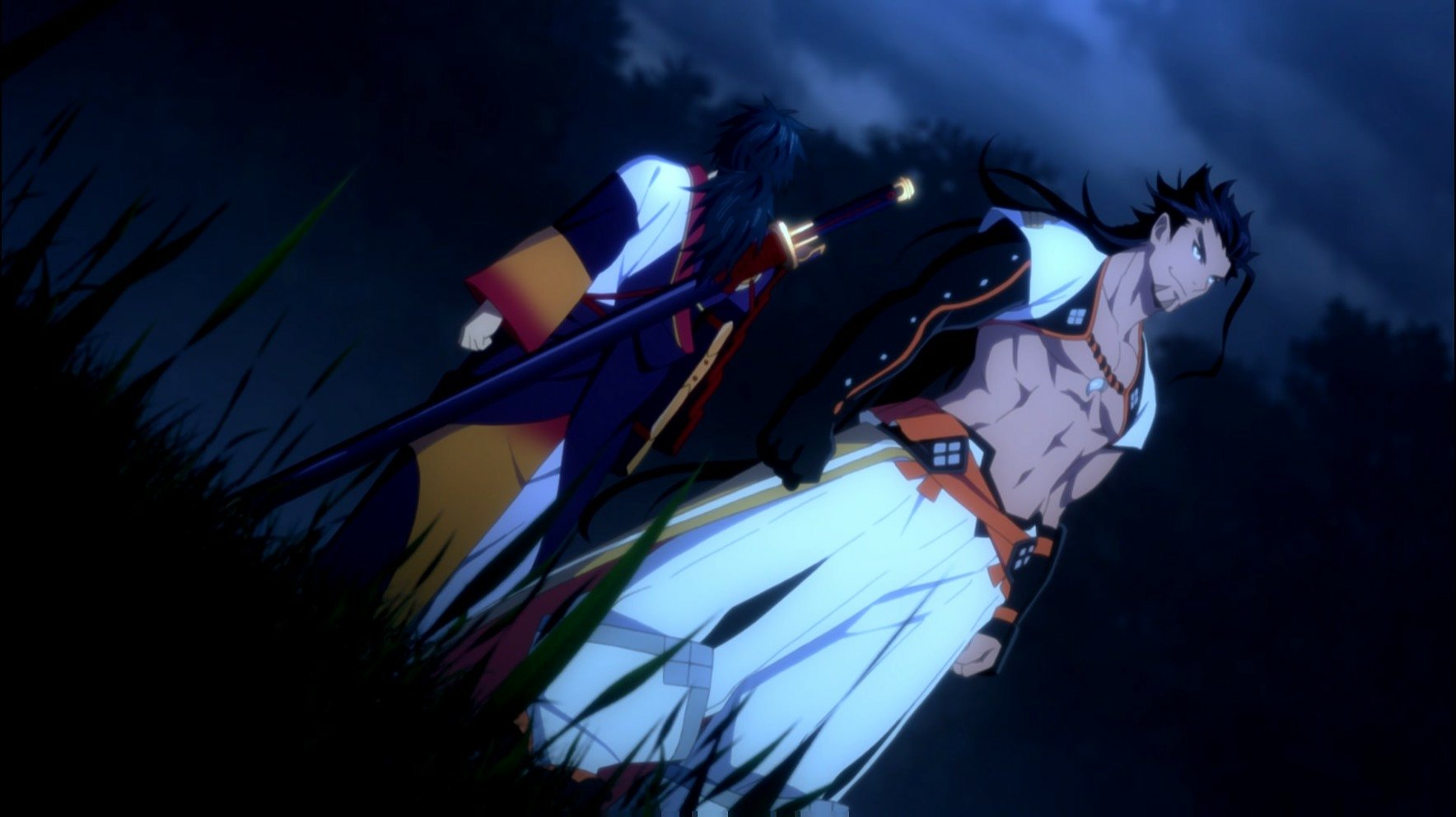 HD PC desktop wallpaper from the video game Tales of Berseria, featuring two characters standing in a dark, grassy environment under a cloudy night sky.