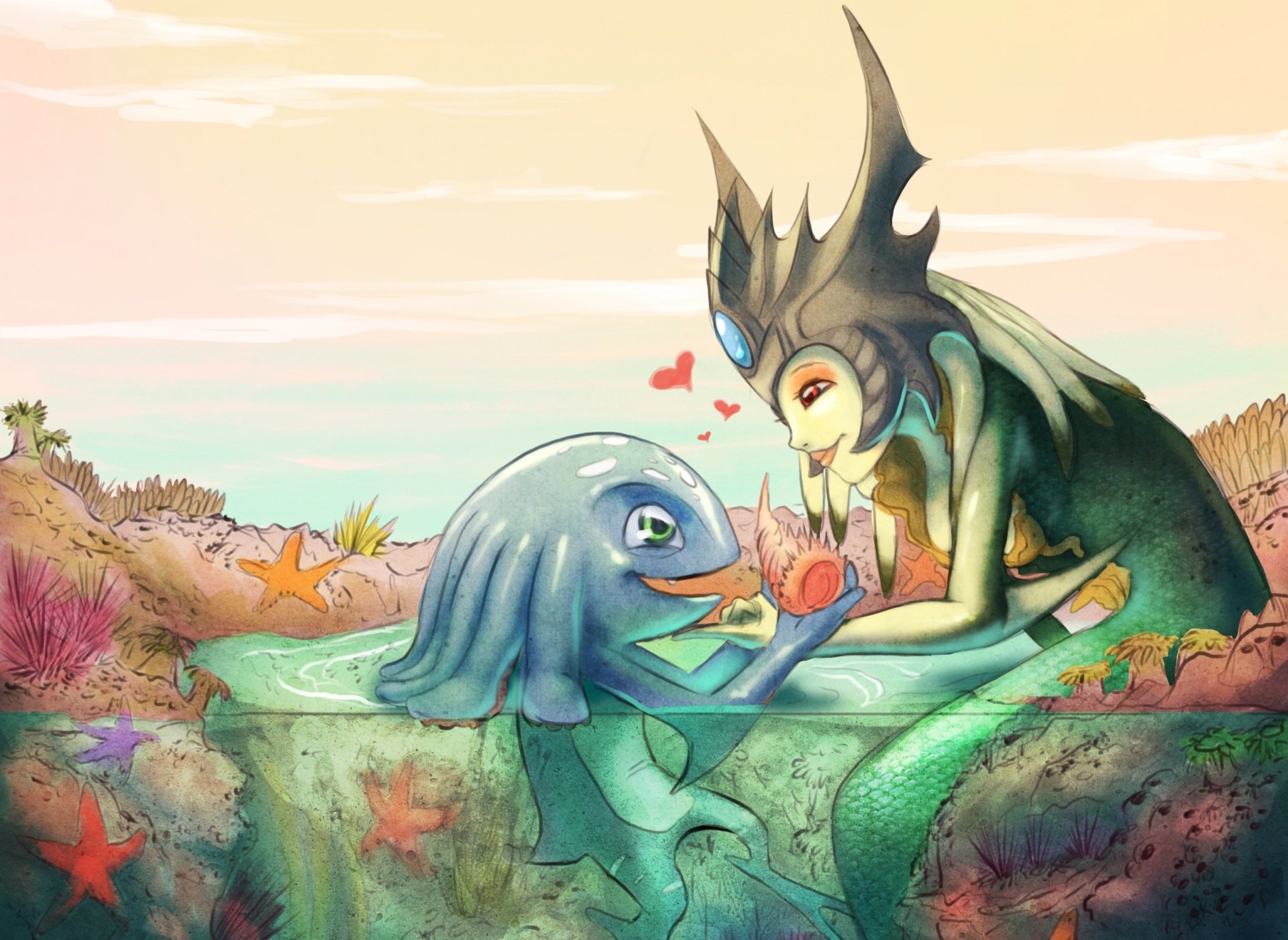 Nami and Fizz from League of Legends (video game) — HD PC desktop wallpaper of the two champions at a pastel seaside pool, sharing a shell with hearts and surrounding coral.