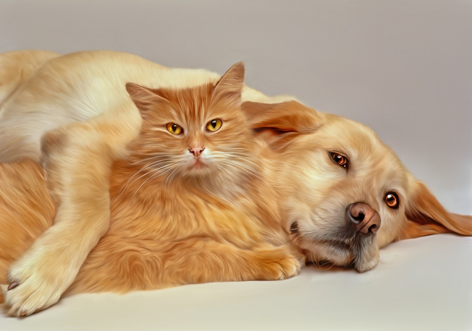 Oil painting of a golden retriever gently hugging a calm cat, captured as a 4K Ultra HD PC desktop wallpaper showcasing the bond between dog and cat.