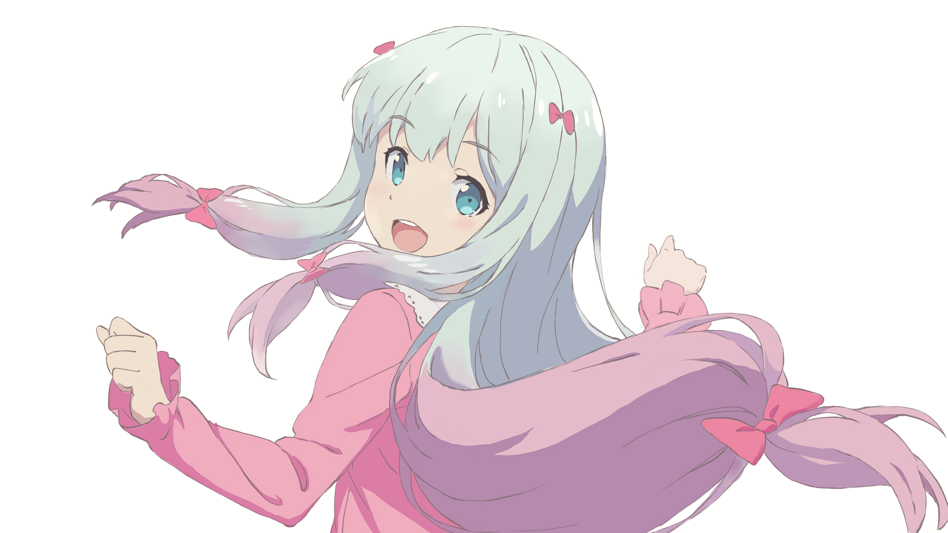 HD desktop wallpaper featuring Sagiri Izumi from the anime series EroManga-Sensei, depicted with light blue hair, pink ribbons, and a pink outfit, smiling cheerfully and looking back over her shoulder.