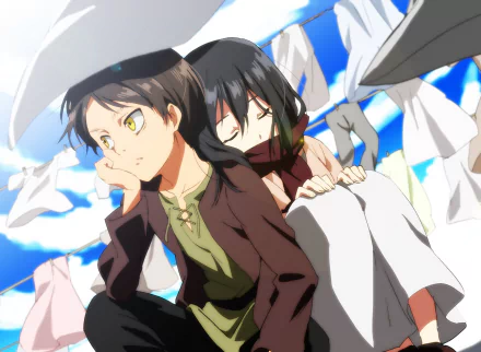 HD desktop wallpaper featuring Mikasa Ackerman and Eren Yeager from the anime Attack on Titan, depicting them sitting closely with a serene background of white sheets hanging against a bright blue sky.