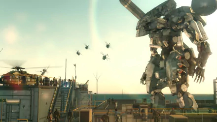 HD PC wallpaper: Sahelanthropus from Metal Gear Solid V: The Phantom Pain — massive bipedal mech looming over an offshore deck while helicopters circle beneath a faint rainbow.