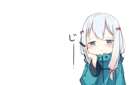 HD desktop wallpaper featuring Sagiri Izumi from EroManga-Sensei. Sagiri has white hair, blue eyes, and is dressed warmly with a pen in hand, gazing thoughtfully with a cute, pensive expression.