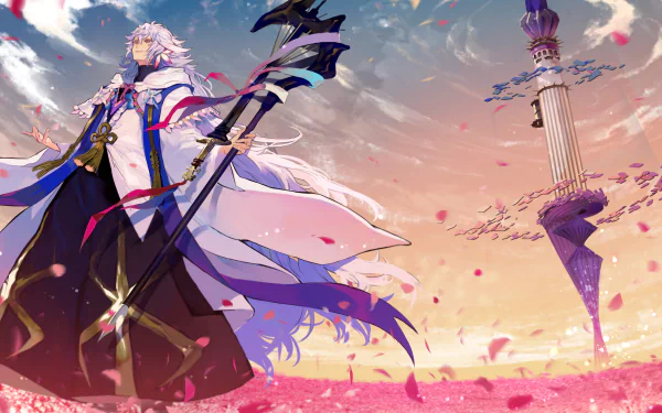 A stunning HD wallpaper featuring Merlin from the Fate/Grand Order anime, set against a vibrant sunset backdrop with swirling petals and a towering structure in the distance.