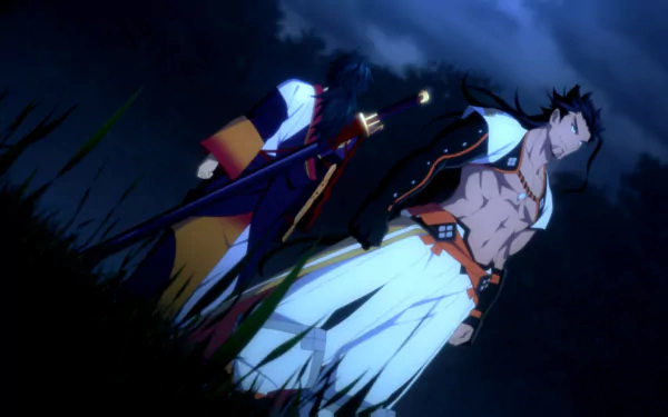 HD PC desktop wallpaper from the video game Tales of Berseria, featuring two characters standing in a dark, grassy environment under a cloudy night sky.