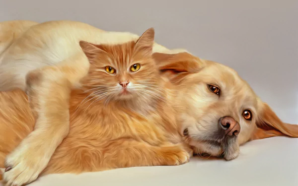 Oil painting of a golden retriever gently hugging a calm cat, captured as a 4K Ultra HD PC desktop wallpaper showcasing the bond between dog and cat.