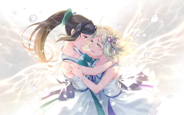 HD anime desktop wallpaper featuring Kanan Matsuura and Mari Ohara from Love Live! Sunshine!! embracing with angelic wings and soft glowing light effects.
