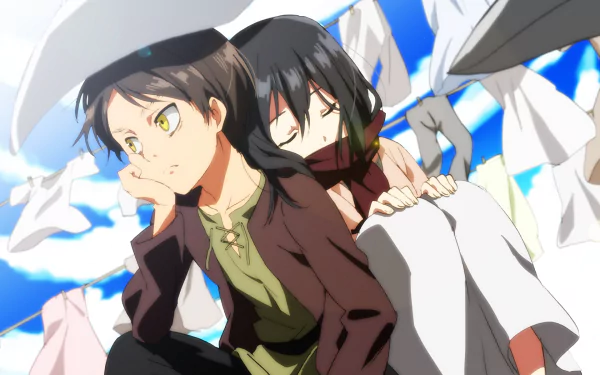 HD desktop wallpaper featuring Mikasa Ackerman and Eren Yeager from the anime Attack on Titan, depicting them sitting closely with a serene background of white sheets hanging against a bright blue sky.