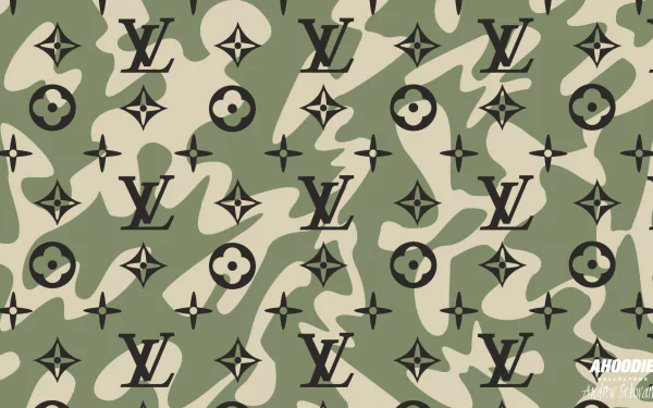 HD desktop wallpaper featuring a camouflage pattern with integrated Louis Vuitton motifs and symbols.