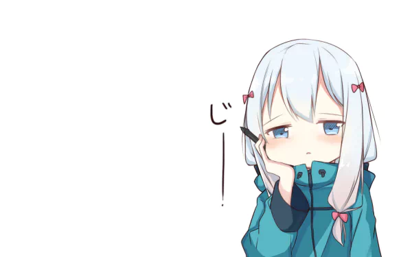 HD desktop wallpaper featuring Sagiri Izumi from EroManga-Sensei. Sagiri has white hair, blue eyes, and is dressed warmly with a pen in hand, gazing thoughtfully with a cute, pensive expression.