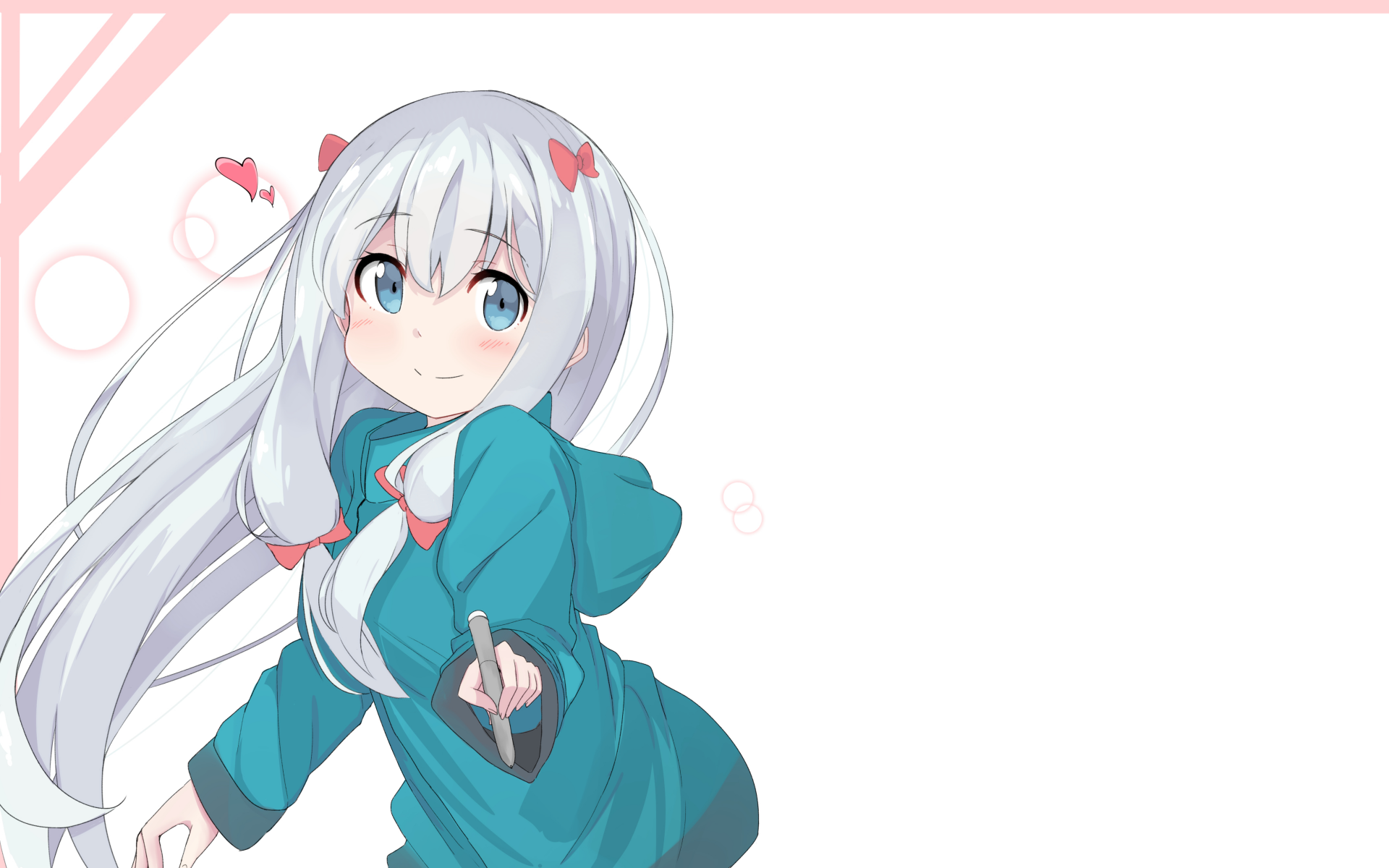 HD desktop wallpaper featuring Sagiri Izumi from the anime EroManga-Sensei. She has long white hair with red bows and is wearing a teal hoodie, standing against a white background with pink accents.