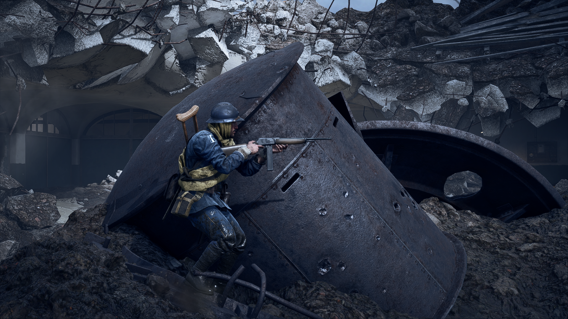 HD Battlefield 1 PC wallpaper showing a soldier in World War I gear aiming a rifle amid ruined urban battleground rubble.