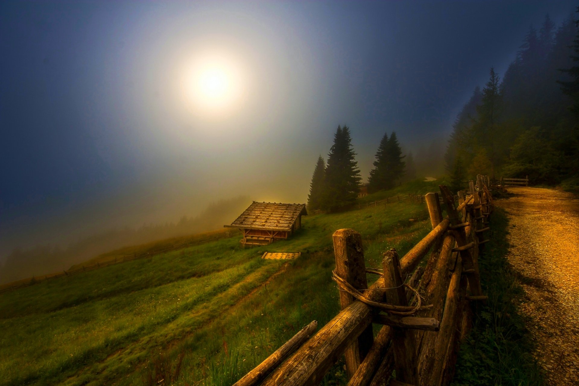 Download Fog Night Moon Dirt Road Man Made Shed HD Wallpaper