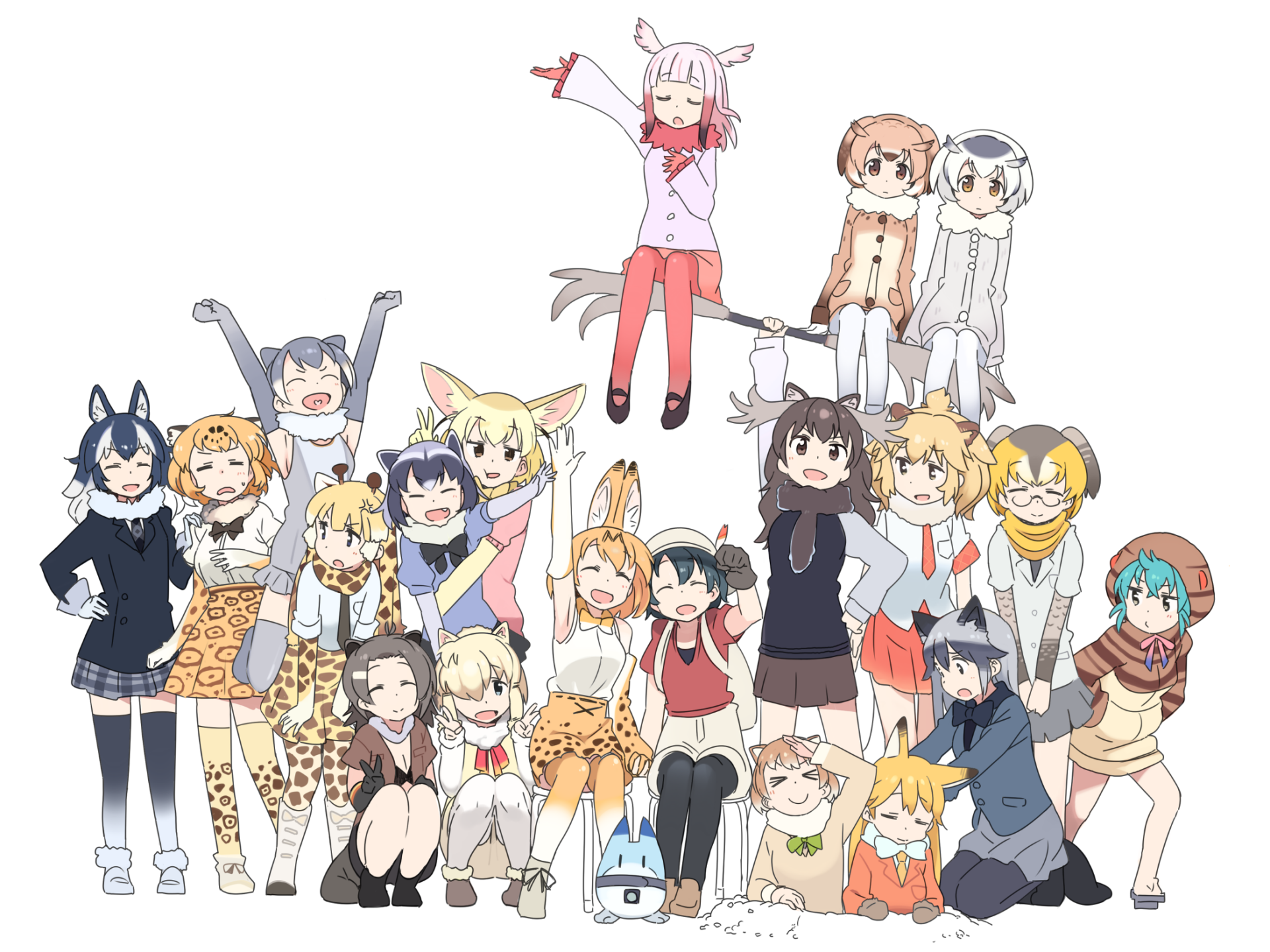 HD PC desktop wallpaper featuring Silver Fox, Serval, Raccoon, Lucky Beast, Moose, Jaguar, Kaban, Grey Wolf, Fennec, and Crested Ibis from Kemono Friends anime.