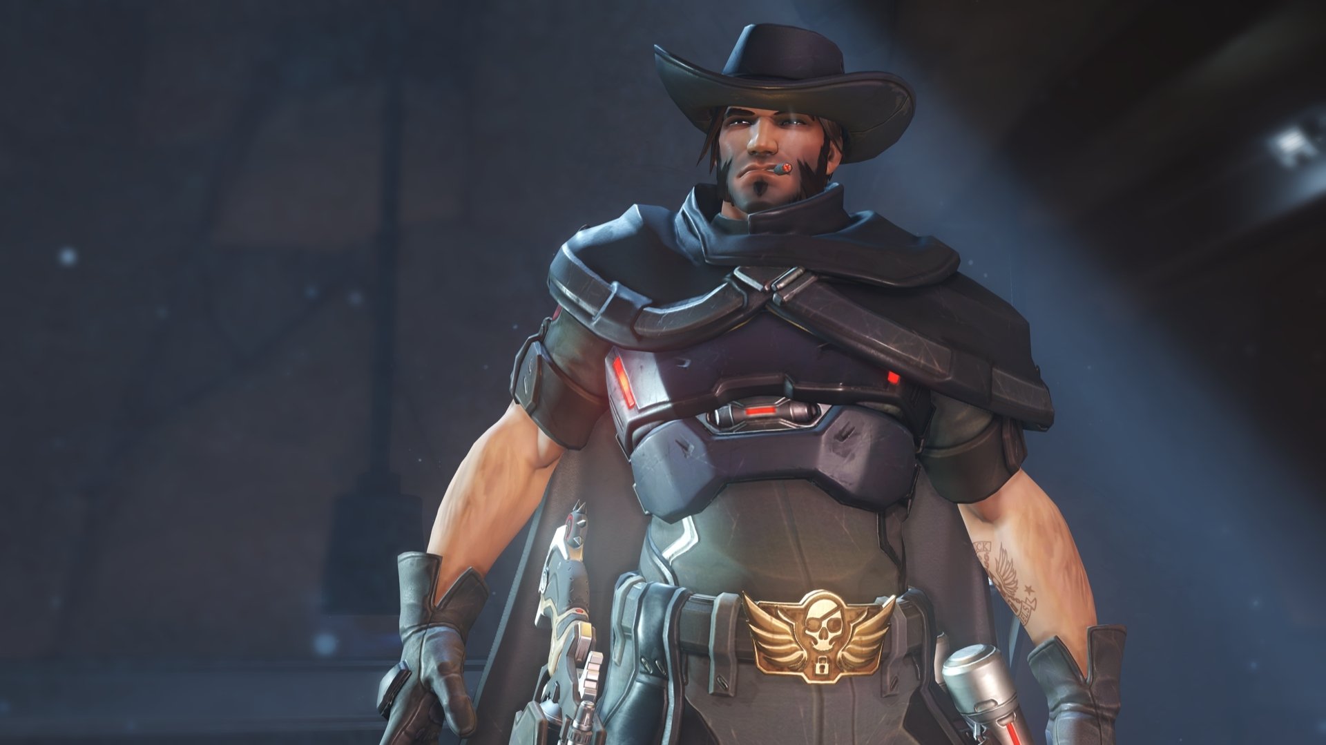HD PC desktop wallpaper/background of McCree (Overwatch), video game gunslinger in a cowboy hat and armored duster, standing in a dramatic spotlight.