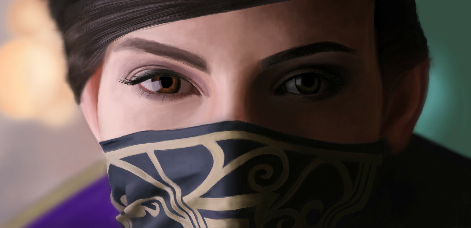 Close-up HD PC desktop wallpaper of Emily Kaldwin from the video game Dishonored 2, featuring her intense gaze and distinctive mask.
