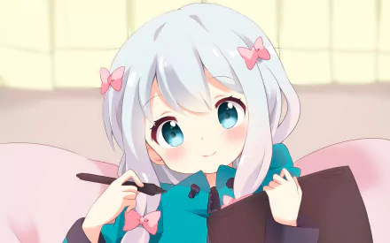 HD desktop wallpaper of Sagiri Izumi from the anime EroManga-Sensei, featuring her with blue eyes, light hair, and pink bows, holding a pen and tablet.