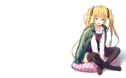 Eriri Spencer Sawamura from Saekano: How to Raise a Boring Girlfriend sits on a striped cushion, featured in a 4K Ultra HD anime desktop wallpaper background.