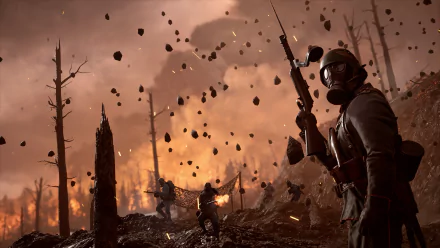 HD PC wallpaper featuring a Battlefield 1 soldier wearing a gas mask amid a fiery battle scene with flying debris and barren trees.