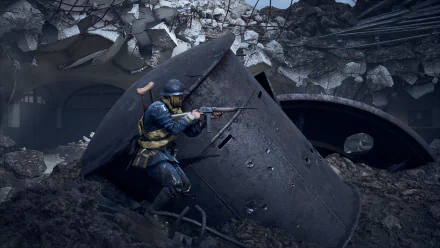 HD Battlefield 1 PC wallpaper showing a soldier in World War I gear aiming a rifle amid ruined urban battleground rubble.