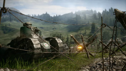 HD PC desktop wallpaper featuring a Battlefield 1 tank amidst barbed wire and a foggy, mountainous battlefield landscape.