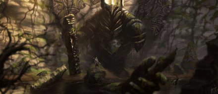 A giant fantasy warrior clad in dark armor wields a massive sword, towering over a small knight in this 4K Ultra HD fantasy desktop wallpaper.