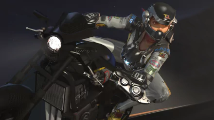 HD desktop wallpaper of Tracer from the video game Overwatch, depicted in full gear riding a motorbike with a dynamic night-time background.