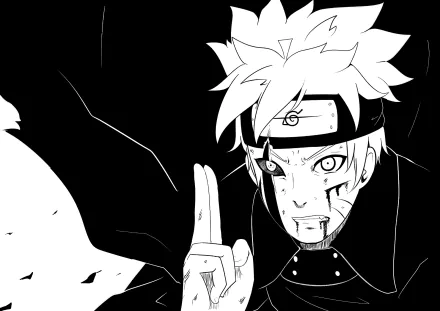 HD PC desktop wallpaper featuring Boruto Uzumaki from the anime Boruto, showcasing his Jōgan eye in a dramatic black and white illustration.