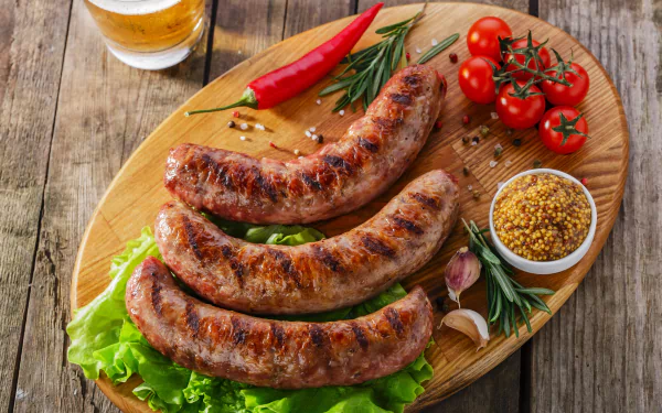 Close-up of grilled sausages on lettuce with cherry tomatoes, mustard, chili, and herbs on a wooden board, captured in 4K Ultra HD as a vivid still life food wallpaper.