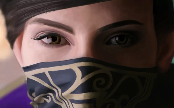 Close-up HD PC desktop wallpaper of Emily Kaldwin from the video game Dishonored 2, featuring her intense gaze and distinctive mask.