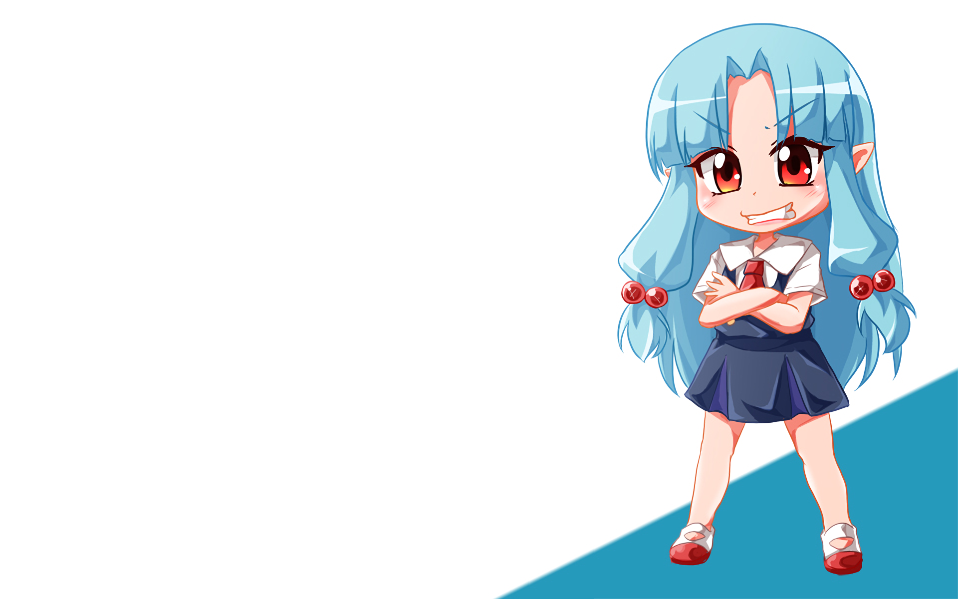 Anime Tsugumomo chibi girl with blue hair and red eyes in a school uniform on a white and teal geometric backdrop, HD PC desktop wallpaper/background.