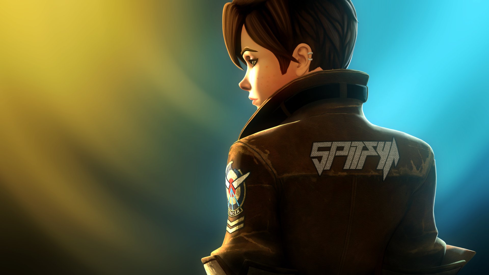 HD PC desktop wallpaper featuring Tracer from the video game Overwatch, showcasing her in a detailed side profile with warm lighting and dynamic shading.