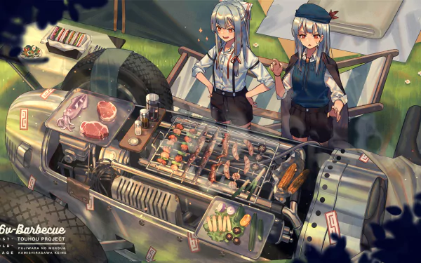 HD PC desktop wallpaper: Touhou anime scene of Keine Kamishirasawa and Fujiwara no Mokou grilling skewers on a steampunk BBQ engine at a sunny campsite background.