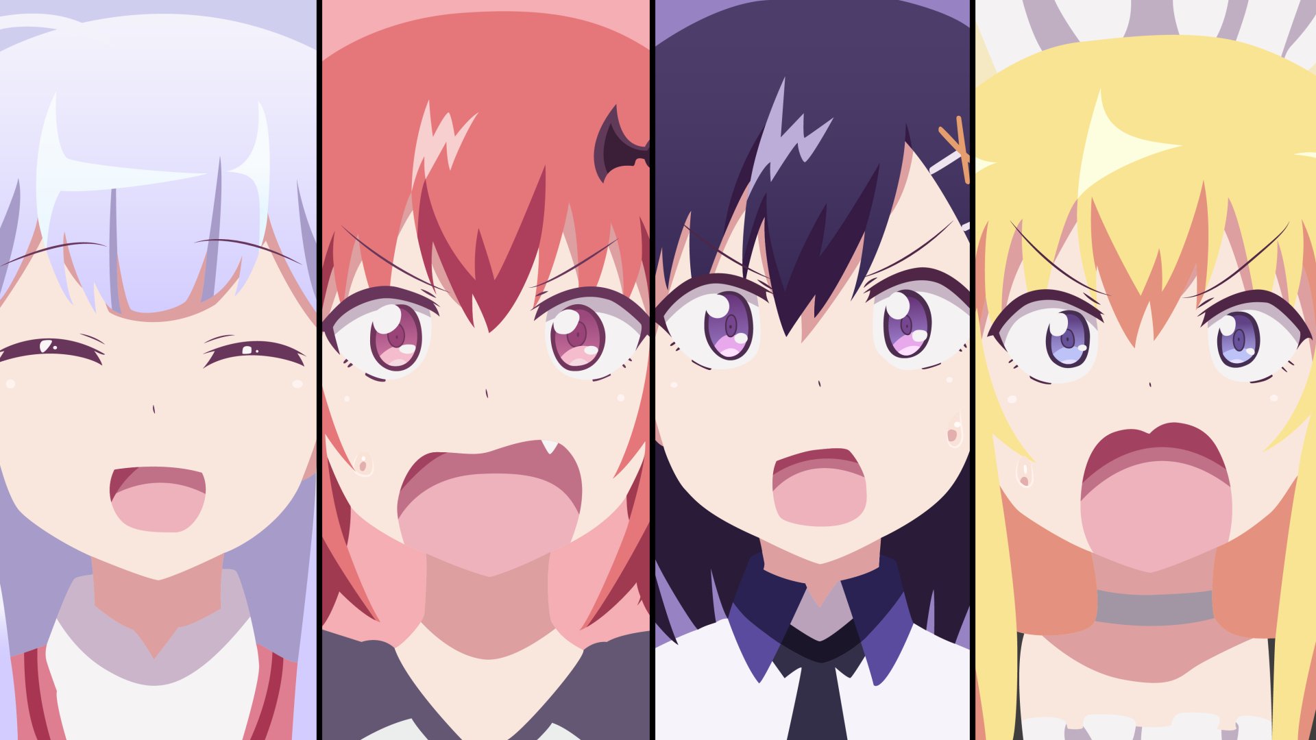 Vibrant 4K Ultra HD wallpaper featuring characters Vignette Tsukinose, Raphiel Shiraha Ainsworth, Satanichia Kurumizawa McDowell, and Gabriel Tenma White from the anime Gabriel DropOut.