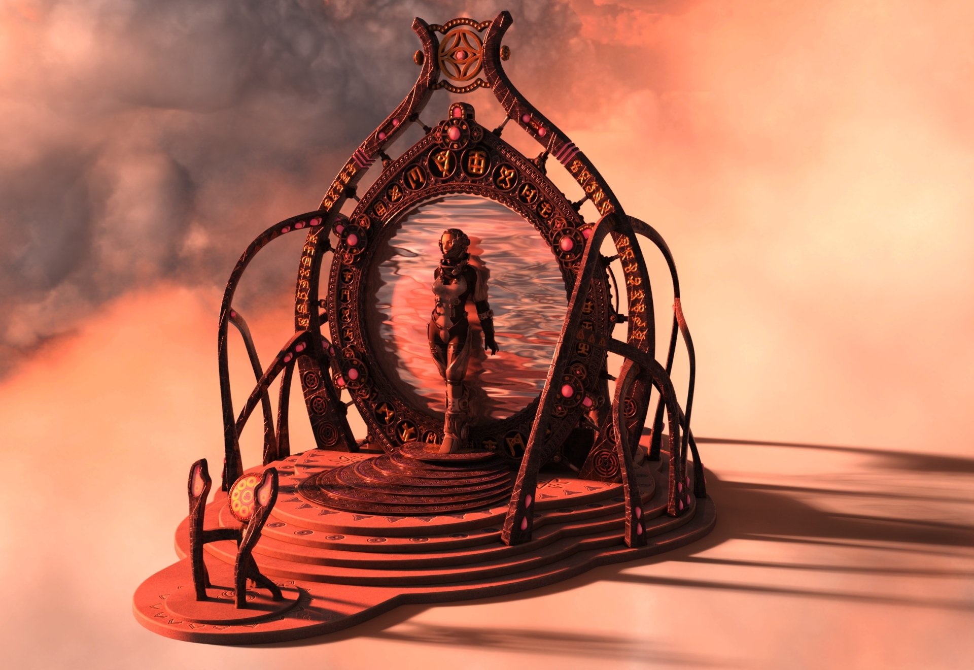 HD sci-fi desktop wallpaper featuring a woman stepping through an ornate Stargate portal with a dramatic, cloud-filled background.