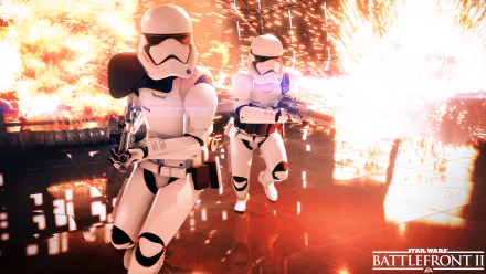 Stormtroopers in action amidst explosions from Star Wars Battlefront II (2017) game. HD desktop wallpaper and background.