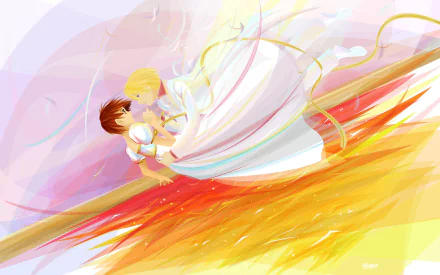 Anime-style HD desktop wallpaper featuring romantic characters from Ouran High School Host Club in flowing attire against a vibrant, dynamic background.