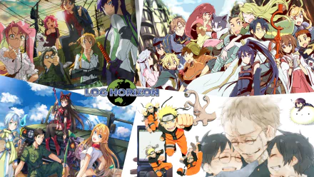 HD desktop wallpaper featuring a vibrant anime crossover with characters from Highschool Of The Dead, Kaku Tatakaeri, Mirai Nikki, Noragami, Ao No Exorcist, Parasyte -the Maxim-, Log Horizon, and Naruto.