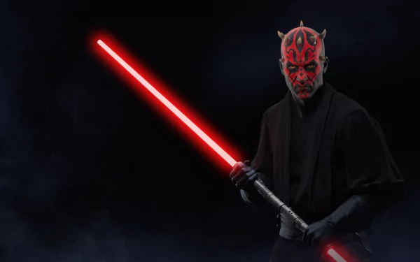 Darth Maul wields a red lightsaber, his yellow eyes glowing menacingly. With a dark background, horns on his head, and gloved hands, this HD wallpaper from Star Wars Battlefront II creates a sinister Sith presence.