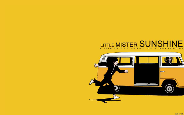 HD PC desktop wallpaper featuring an anime-style design inspired by Gantz, with a character running towards a yellow and black van against a bright yellow background.