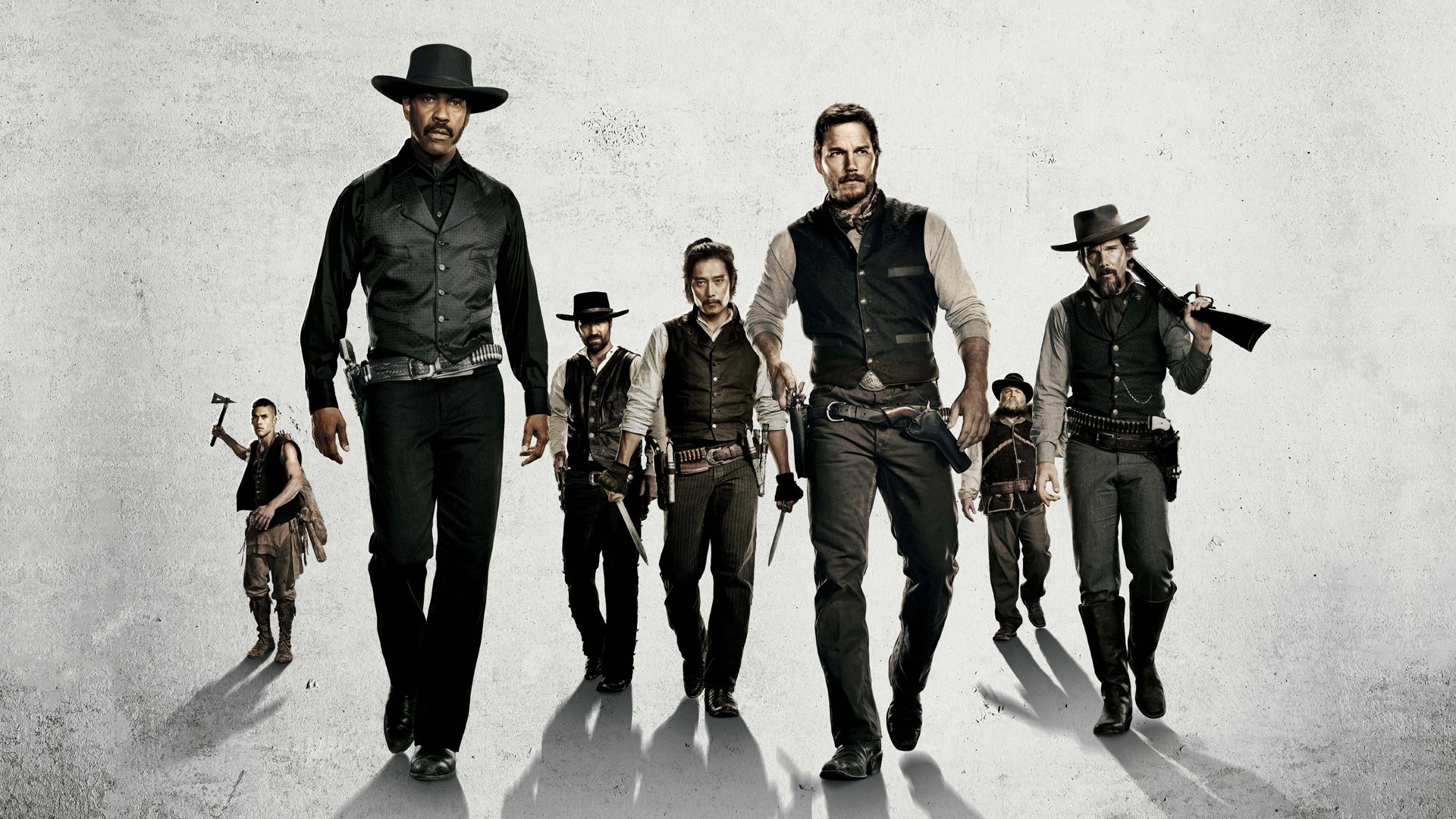 HD desktop wallpaper featuring Chris Pratt and the cast of the 2016 movie The Magnificent Seven in Western attire, walking confidently toward the viewer.