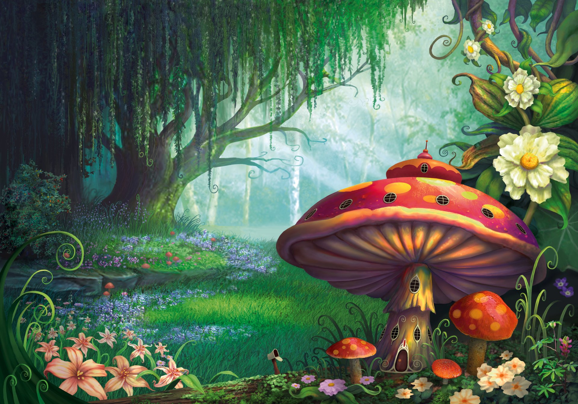 A fantasy HD desktop wallpaper featuring a vibrant spring forest with colorful flowers, a large mushroom house, and lush trees. The scene has an artistic touch, creating a whimsical and enchanting atmosphere.