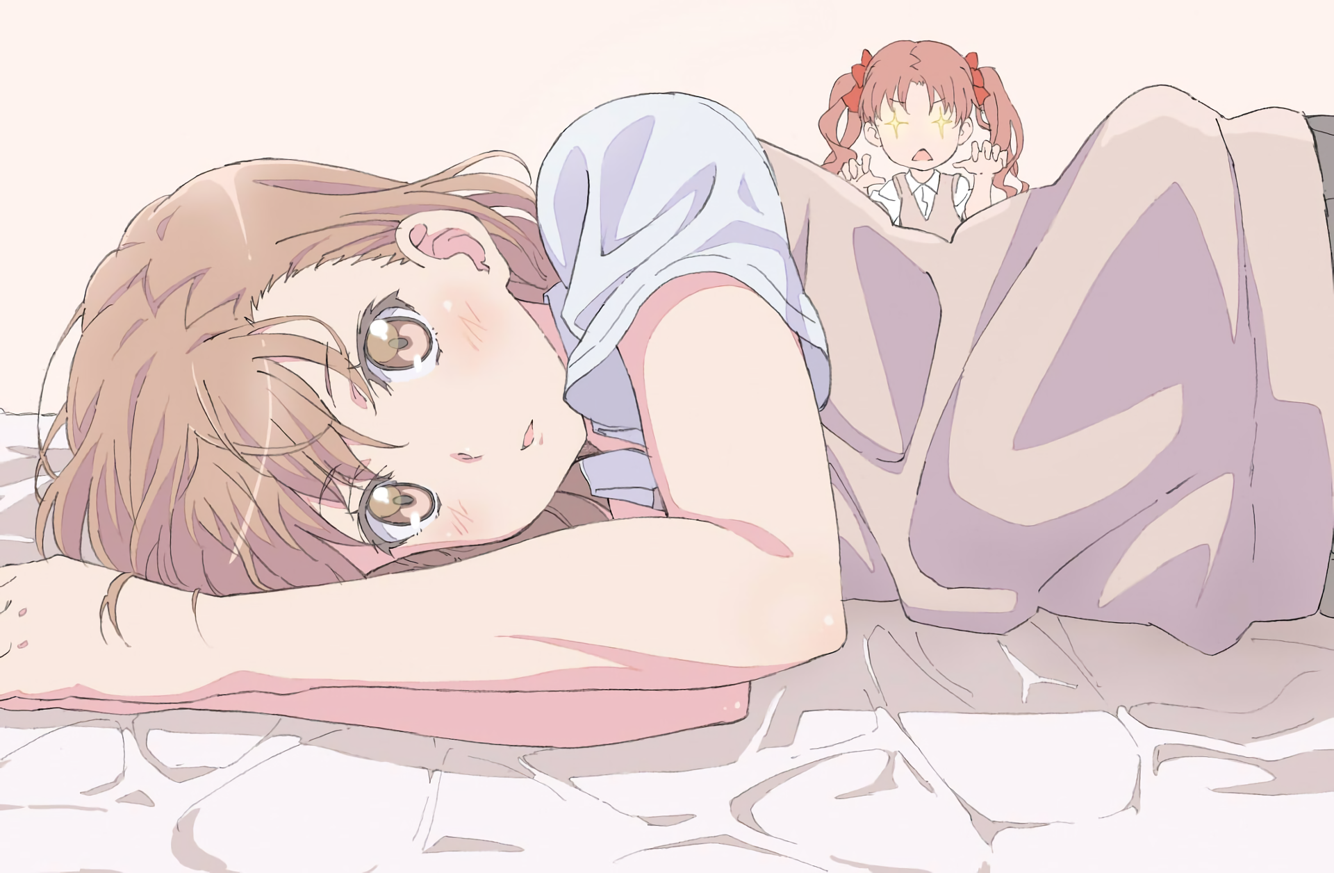HD anime desktop wallpaper featuring Mikoto Misaka lying down with Kuroko Shirai peeking from behind, from A Certain Scientific Railgun series.