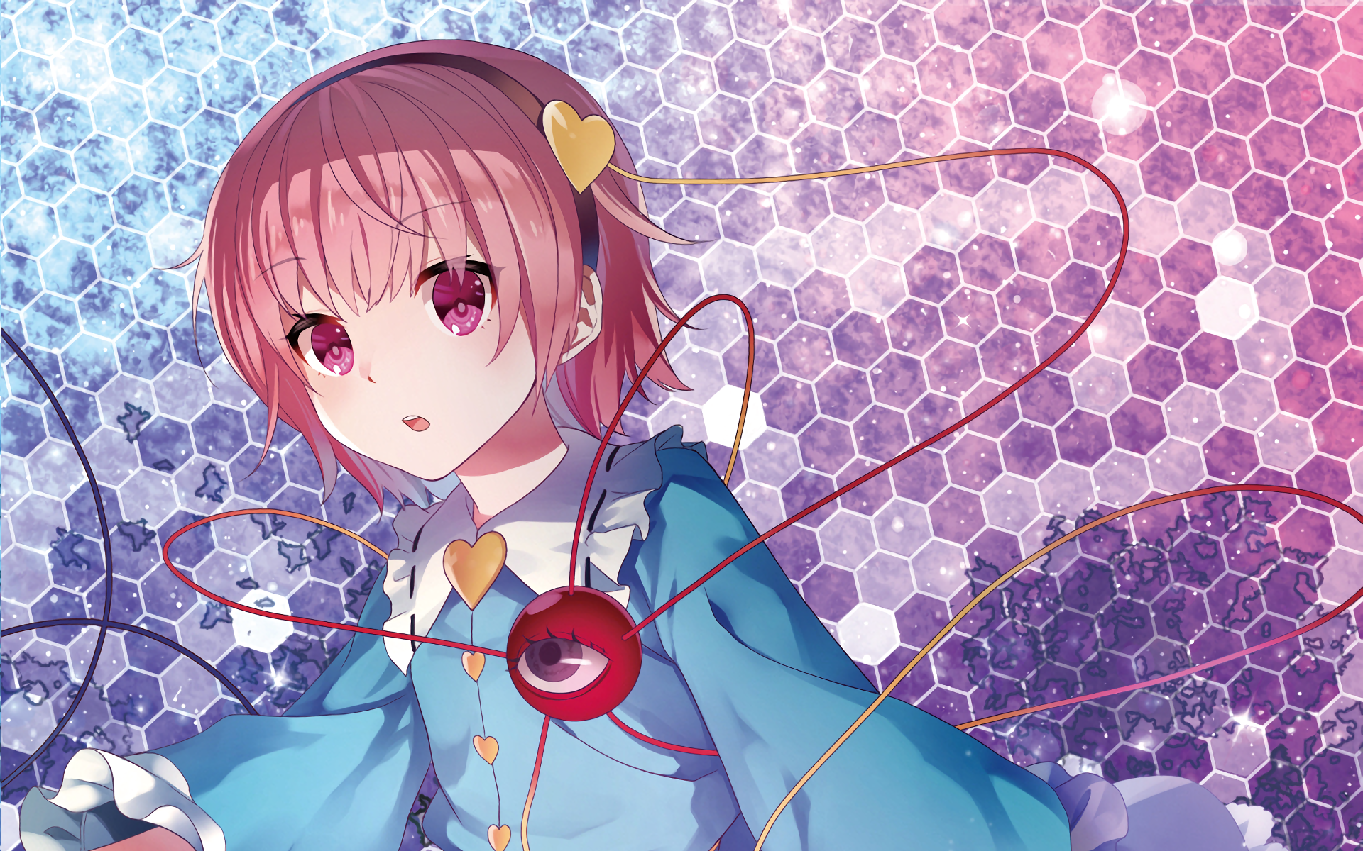 HD PC desktop wallpaper of Satori Komeiji (Touhou anime): pink-haired girl in a blue dress with heart motifs and a red third-eye pendant against a hexagonal blue-purple background.